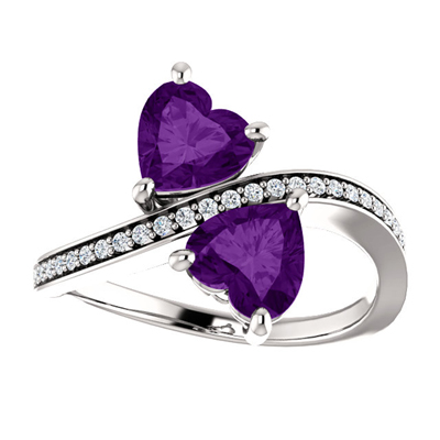 Heart Shaped Amethyst Two Stone Ring in 14K White Gold