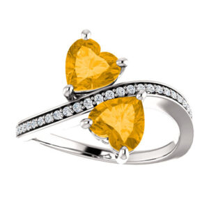 Heart Shaped Citrine and Diamond "Only Us" Two Stone Ring in 14K White Gold