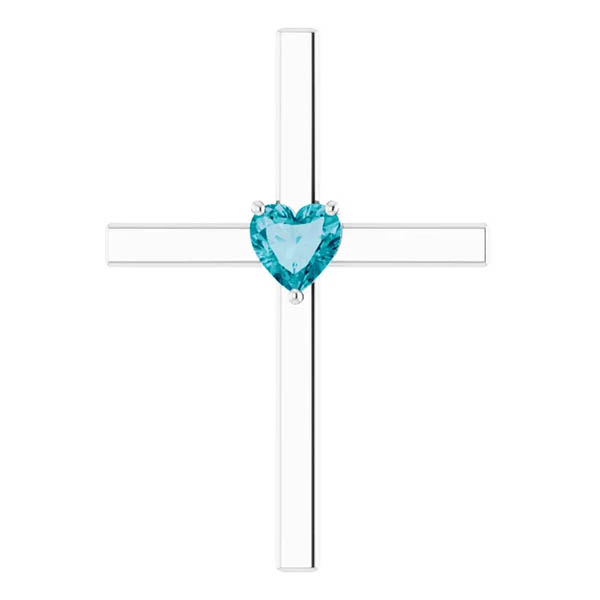 Heart-Shaped London Blue Topaz Cross Necklace, 14K White Gold