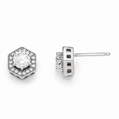 Hexagon Post Earrings with Cubic Zirconia in Sterling Silver