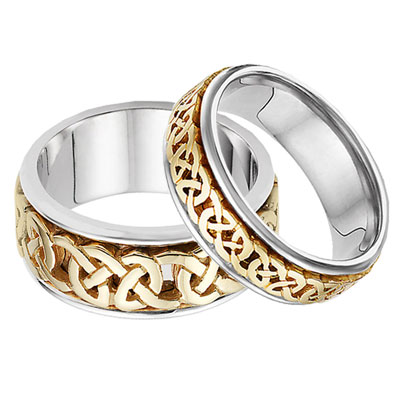 His and Hers Celtic Wedding Band Set in 14K Two-Tone Gold