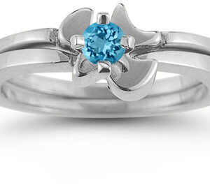 Holy Spirit Dove Blue Topaz Engagement Ring Set, 14K White Gold