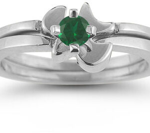Holy Spirit Dove Emerald Engagement Bridal Ring Set, 14K White Gold