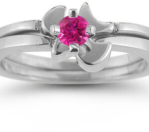 Holy Spirit Dove Pink Topaz Ring Set, 14K White Gold