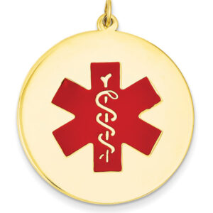 Large 14K Gold Medical ID Pendant Necklace with Red Enamel Medical Alert