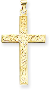 Large 14K Yellow Gold Floral Cross Pendant