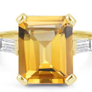 Large Emerald-Cut Citrine and Baguette Diamond Ring, 14K Yellow Gold