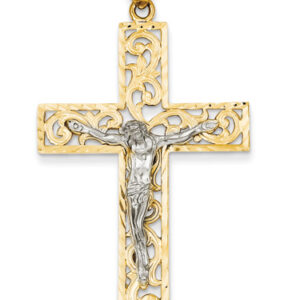 Large Paisley Design Crucifix Pendant, 14K Two-Tone Gold