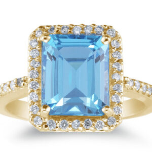 Large Swiss Blue 10mm x 8mm Topaz and Diamond Cocktail Ring, 14K Yellow Gold