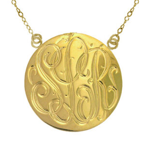 Large Yellow Gold Handmade Engraved Monogram Medallion Necklace