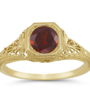 Latticed Antique-Style Filigree Deep Red Garnet Ring in 14K Yellow Gold