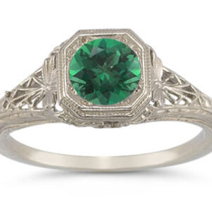 Latticed Vintage-Style Filigree Emerald Ring in 14K White Gold