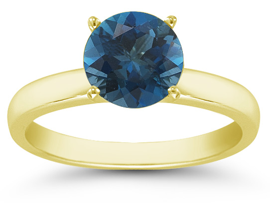 London Blue Topaz Gemstone Solitaire Ring in 14K Yellow Gold