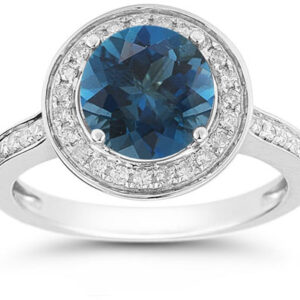 London Blue Topaz and Diamond Halo Ring in 14K White Gold