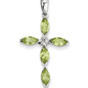 Marquis Peridot and Diamond Cross Pendant in Sterling Silver