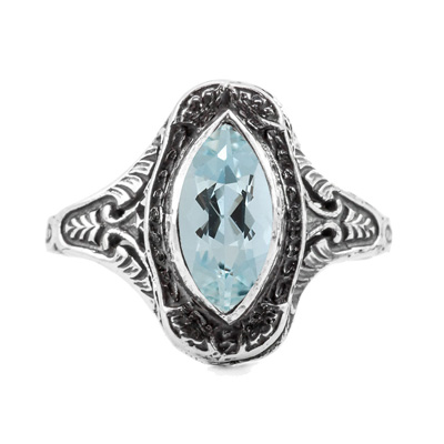 Marquise Cut Aquamarine Art Deco Style Ring in Sterling Silver