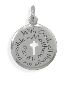 Matthew 19:26 Christian Cross Medallion Necklace in Sterling Silver