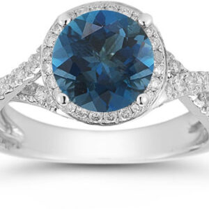 Micro Pave Halo London Blue Topaz Ring in 14K White Gold