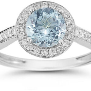 Modern Halo Aquamarine Diamond Ring in 14K White Gold