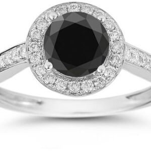 Modern Halo Black and White Diamond Ring in 14K White Gold
