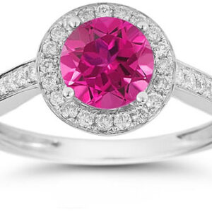 Modern Halo Pink Topaz Diamond Ring in 14K White Gold