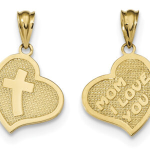 Mom I Love You Heart Pendant with Cross, 14K Gold