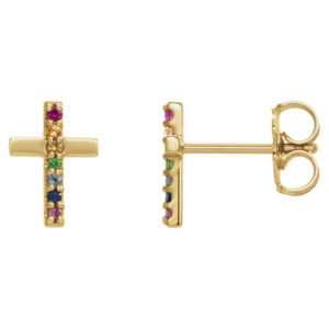 Multi-Color Gemstone Cross Earrings, 14K Gold