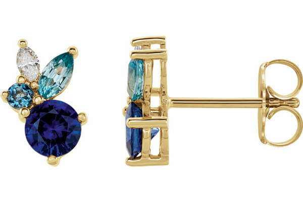Multi-Colored Gemstone Stud Earrings, 14K Gold