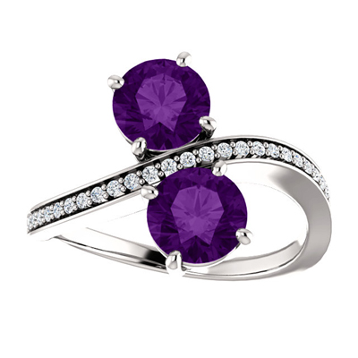 "Only Us" 2 Stone Amethyst Ring with Diamond Accents in 14K White Gold
