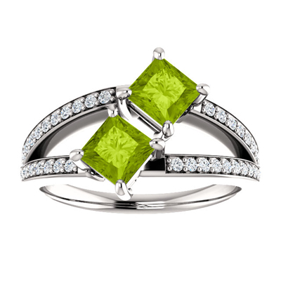 "Only Us" 4.5mm Peridot and Diamond Two Stone Ring in 14K White Gold