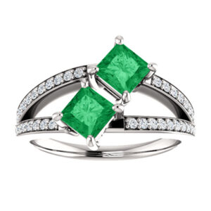 "Only Us" 4.5mm Princess Cut Emerald and Diamond Two Stone Ring in 14K White Gold