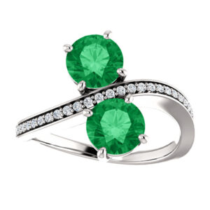 "Only Us" Emerald and Diamond Two Stone Ring in 14K White Gold