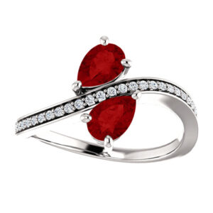 "Only Us" Pear Cut Ruby and Diamond Two Stone Ring in 14K White Gold