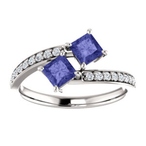 "Only Us" Pricness Cut Tanzanite and Diamond 2 Stone Engagement Ring in 14K White Gold