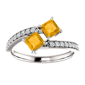 "Only Us" Princess Cut Citrine and Diamond 2 Stone Ring in 14K White Gold