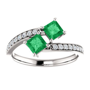 "Only Us" Princess Cut Emerald and Diamond Two Stone Ring in 14K White Gold