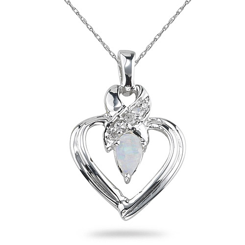 Opal and Diamond Heart Pendant, 14K White Gold
