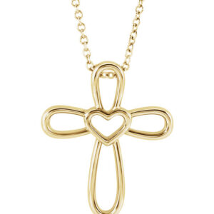 Open Heart Cross Necklace in 14K Yellow Gold
