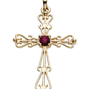 Ornate Genuine Ruby Cross Pendant, 14K Gold