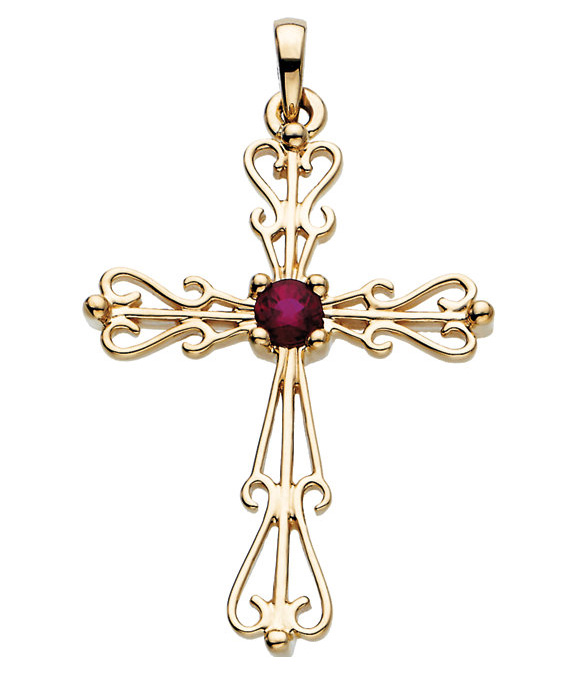 Ornate Genuine Ruby Cross Pendant, 14K Gold