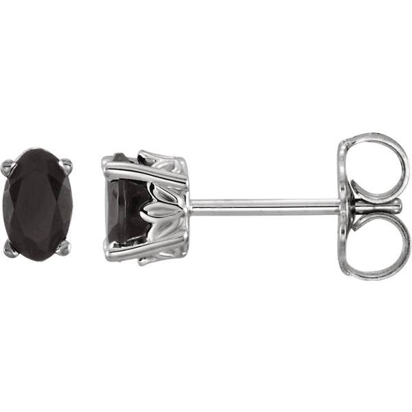 Oval Black Onyx Stud Earrings with Scroll-Work Design, 14K White Gold