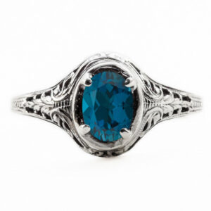 Oval Cut London Blue Topaz Art Nouveau Style 14K White Gold Ring