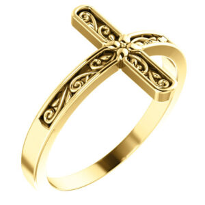 Paisley Carved Cross Ring for Women, 14K Gold