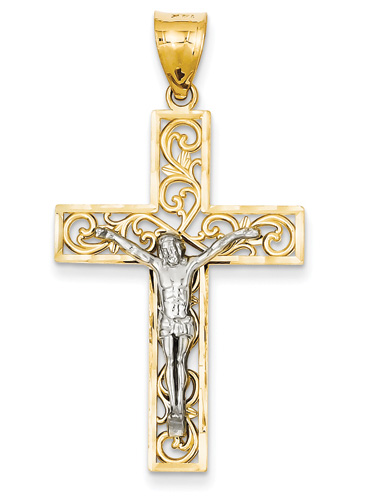 Paisley Crucifix Necklace, 14K Two-Tone Gold