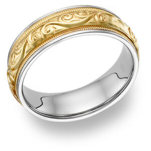 Paisley-Etched Wedding Band Ring - 14K Two-Tone Gold