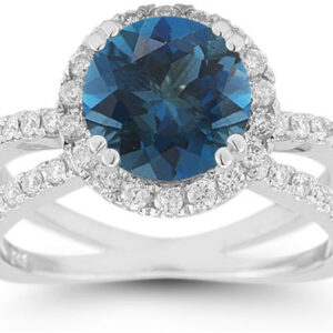 Pave Diamond Criss-Cross London Blue Topaz Halo Ring