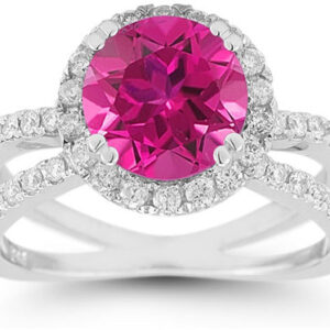 Pave Diamond Criss-Cross Pink Topaz Halo Ring