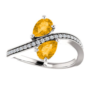 Pear Cut Citrine and Diamond Two Stone Ring in 14K White Gold