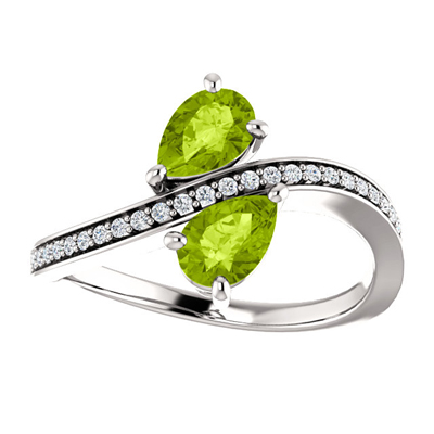 Pear Cut Peridot and CZ Two Stone Ring in Sterling Silver