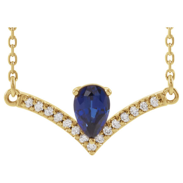 Pear-Cut Sapphire and Diamond V Bar Necklace in 14K Gold